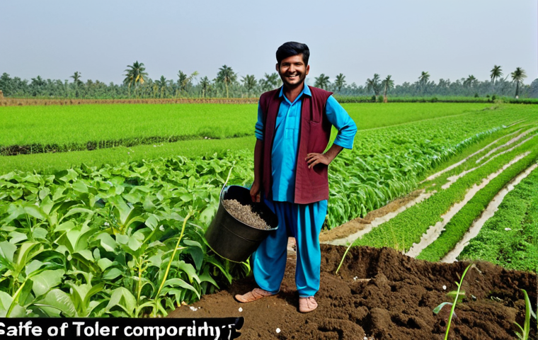 **

A Bangladeshi farmer, fully clothed in traditional attire, smiling while applying compost to his field. The field is lush with green crops. In the background, other farmers are working, and there's a composting area visible. Include the words "safe for work," "appropriate content," "fully clothed," "modest," "environmentally friendly agriculture," "perfect anatomy," "correct proportions," and "natural pose" for safety and quality.

**