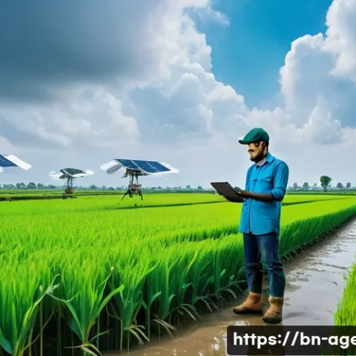 농업환경기술자 해외 취업 가능성 - A modern smart farm scene in Bangladesh showcasing advanced agricultural technology: drones flying a...