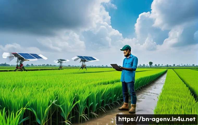 농업환경기술자 해외 취업 가능성 - A modern smart farm scene in Bangladesh showcasing advanced agricultural technology: drones flying a...
