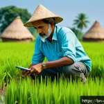 농업환경기술자와 수질 관리 기술 - A rural Bengali farmer carefully monitoring smart soil sensors embedded in a lush green rice paddy f...