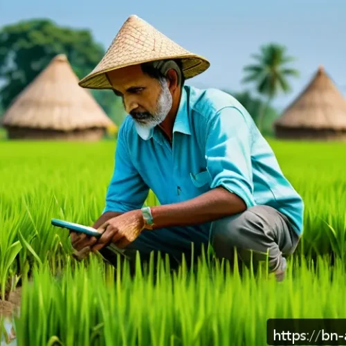 농업환경기술자와 수질 관리 기술 - A rural Bengali farmer carefully monitoring smart soil sensors embedded in a lush green rice paddy f...