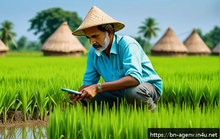 농업환경기술자와 수질 관리 기술 - A rural Bengali farmer carefully monitoring smart soil sensors embedded in a lush green rice paddy f...