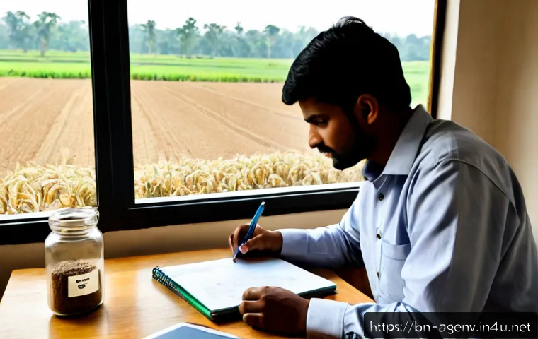 농업환경기술자 자격증 온라인 강의 추천 - Photorealistic South Asian agricultural technician studying an online environmental certification co...